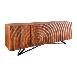 Buffet ONDARA 180 cm – Bois massif sculpté 3D et métal noir – 4 portes