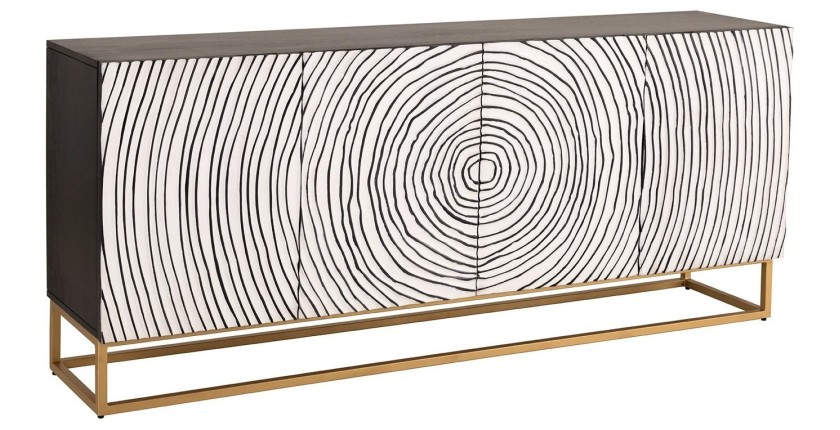 Buffet ZENWOOD 180 cm – Bois massif blanc sculpté cercles – Pieds dorés
