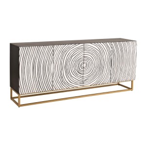 Buffet ZENWOOD 180 cm – Bois massif blanc sculpté cercles – Pieds dorés
