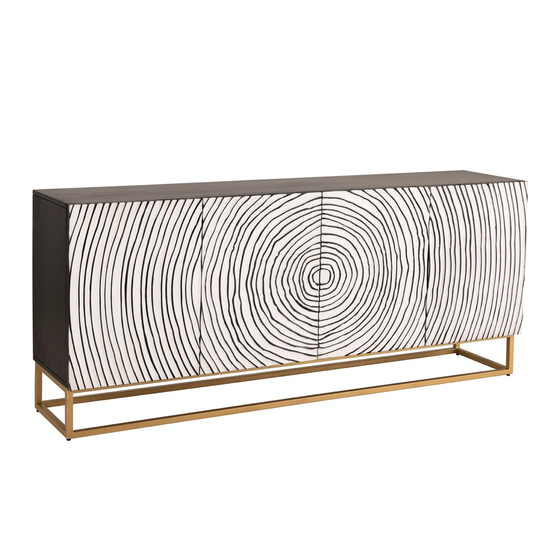 Buffet ZENWOOD 180 cm – Bois massif blanc sculpté cercles – Pieds dorés