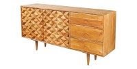 Buffet ARAVIS 145 cm – Bois massif acacia clair sculpté – 2 portes et 3 tiroirs
