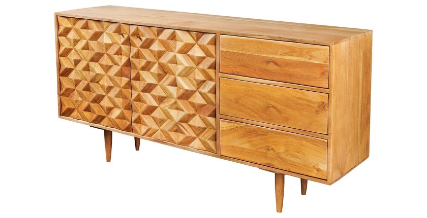 Buffet ARAVIS 145 cm – Bois massif acacia clair sculpté – 2 portes et 3 tiroirs