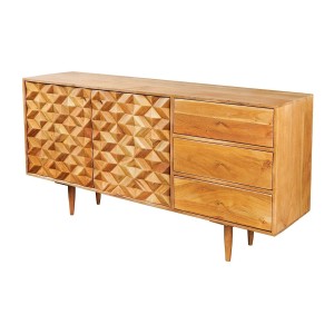 Buffet ARAVIS 145 cm – Bois massif acacia clair sculpté – 2 portes et 3 tiroirs