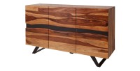 Buffet SHEENA 150 cm – Bois massif de Sesham et métal noir – 3 portes design industriel