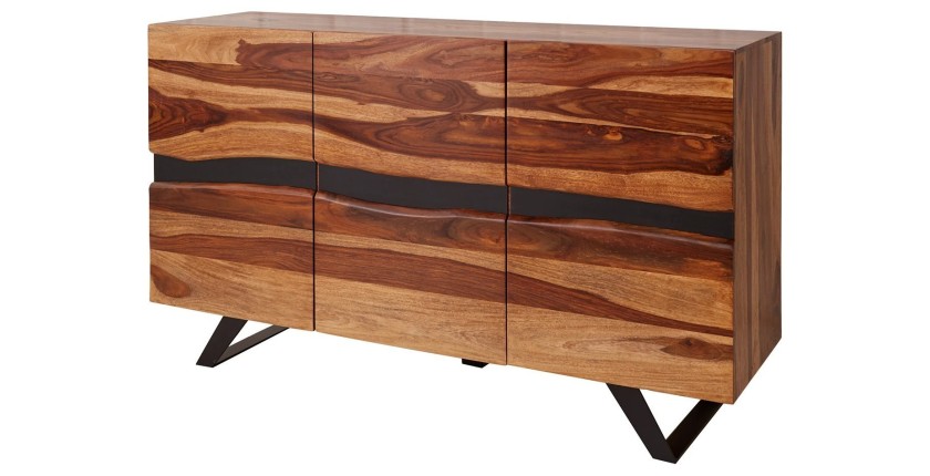Buffet SHEENA 150 cm – Bois massif de Sesham et métal noir – 3 portes design industriel