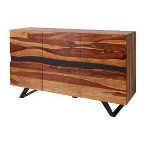 Buffet SHEENA 150 cm – Bois massif de Sesham et métal noir – 3 portes design industriel