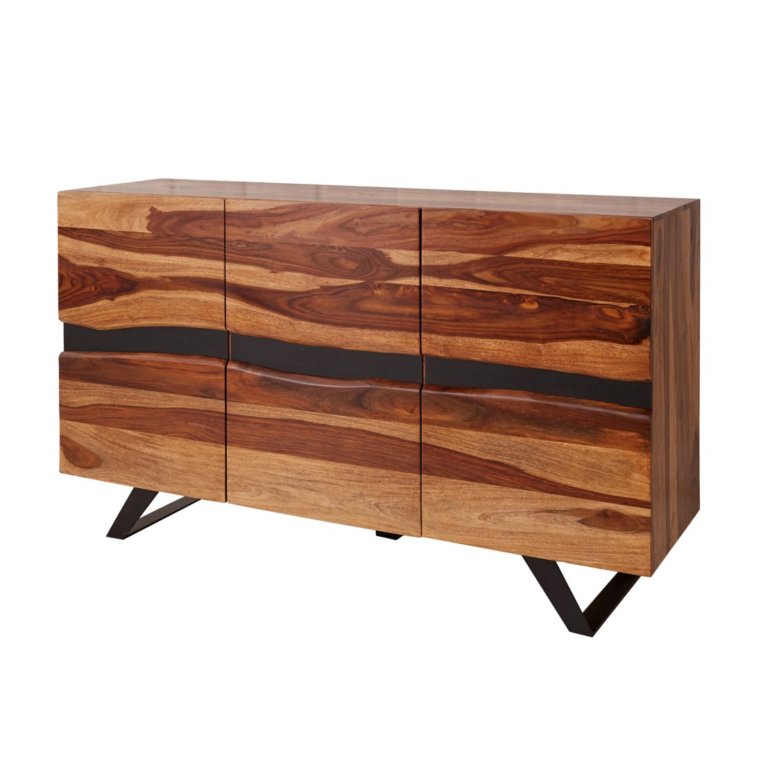 Buffet SHEENA 150 cm – Bois massif de Sesham et métal noir – 3 portes design industriel