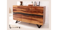 Buffet SHEENA 150 cm – Bois massif de Sesham et métal noir – 3 portes design industriel