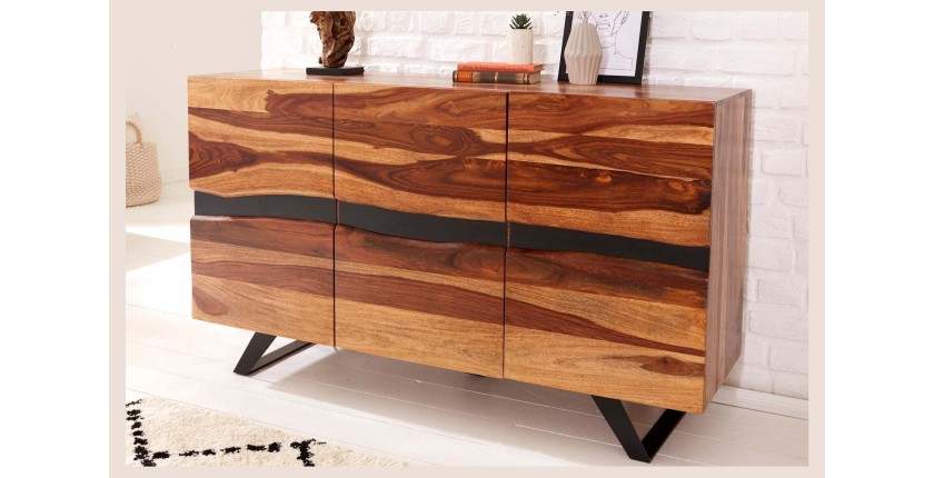 Buffet SHEENA 150 cm – Bois massif de Sesham et métal noir – 3 portes design industriel
