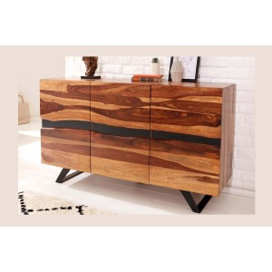 Buffet SHEENA 150 cm – Bois massif de Sesham et métal noir – 3 portes design industriel