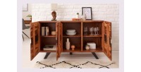 Buffet SHEENA 150 cm – Bois massif de Sesham et métal noir – 3 portes design industriel