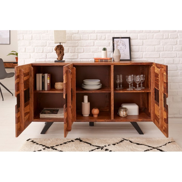 Buffet ORKAN 150 cm – Legno massiccio di Sesham e metallo nero – 3 porte design industriale