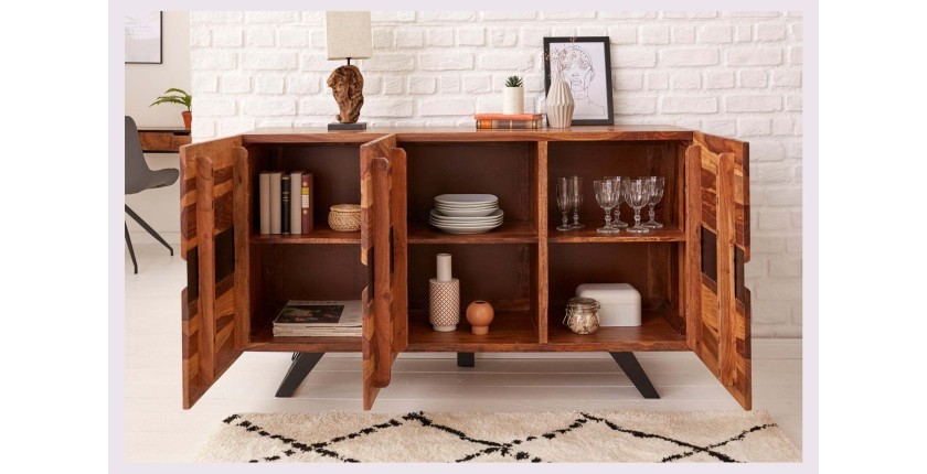 Buffet SHEENA 150 cm – Bois massif de Sesham et métal noir – 3 portes design industriel