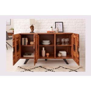 Buffet SHEENA 150 cm – Bois massif de Sesham et métal noir – 3 portes design industriel