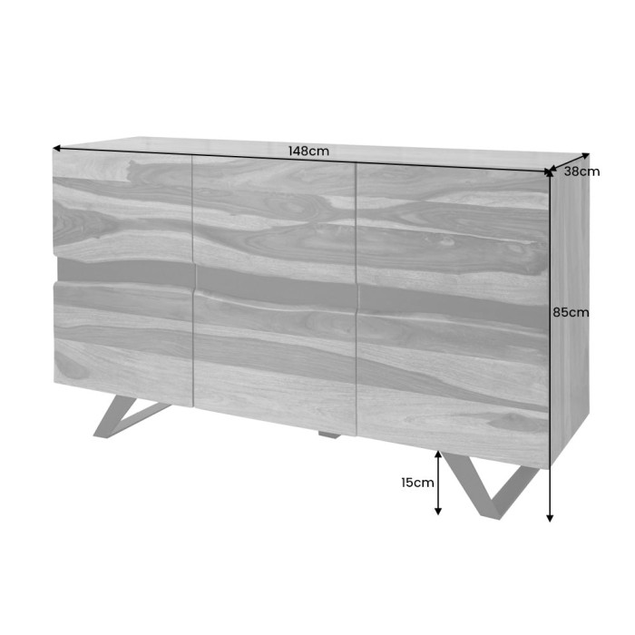 Buffet ORKAN 150 cm – Legno massiccio di Sesham e metallo nero – 3 porte design industriale