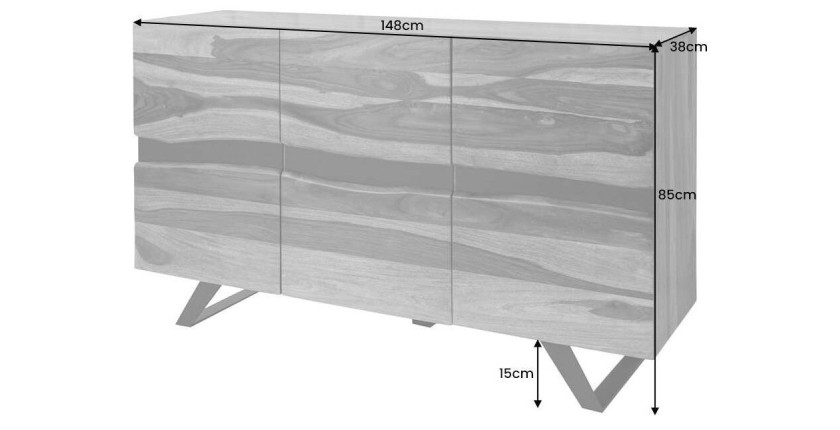 Buffet SHEENA 150 cm – Bois massif de Sesham et métal noir – 3 portes design industriel