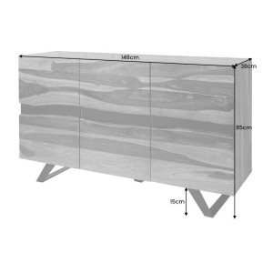 Buffet SHEENA 150 cm – Bois massif de Sesham et métal noir – 3 portes design industriel