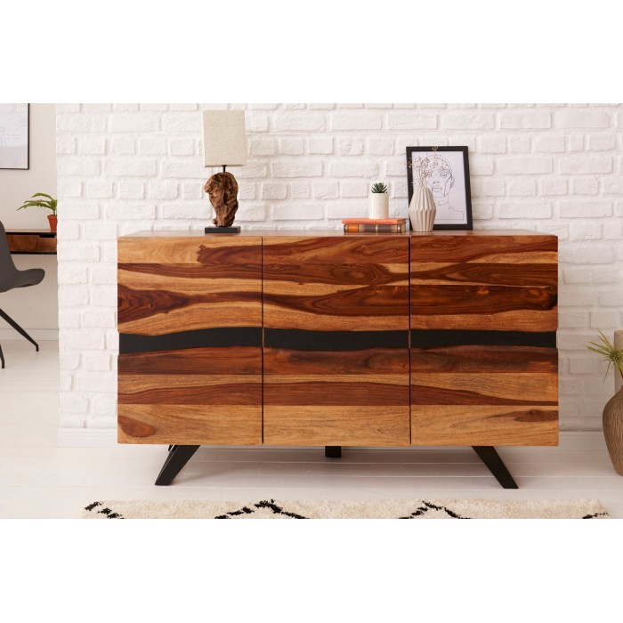 Buffet ORKAN 150 cm – Legno massiccio di Sesham e metallo nero – 3 porte design industriale