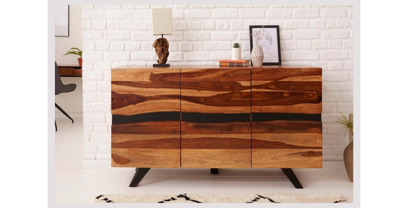 Buffet SHEENA 150 cm – Bois massif de Sesham et métal noir – 3 portes design industriel