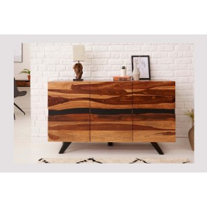 Buffet SHEENA 150 cm – Bois massif de Sesham et métal noir – 3 portes design industriel