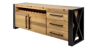 Buffet CAVARA 195 cm – Pin massif brun vintage et métal noir – 2 portes, 3 tiroirs et range-bouteilles