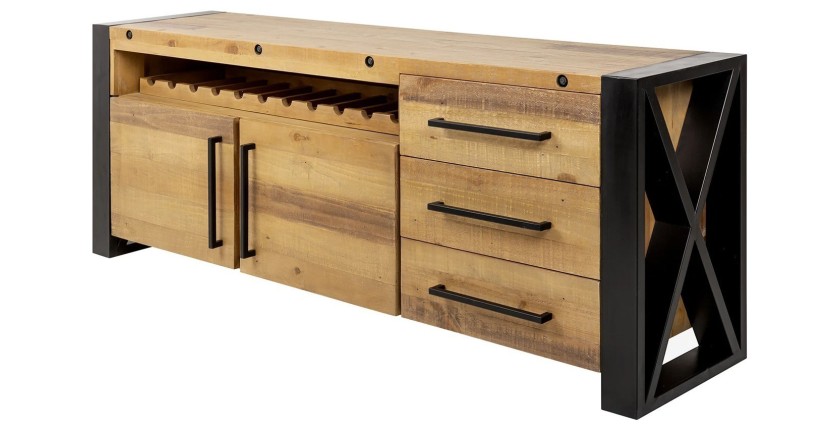 Buffet CAVARA 195 cm – Pin massif brun vintage et métal noir – 2 portes, 3 tiroirs et range-bouteilles