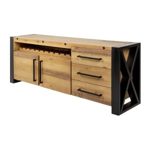 Buffet CAVARA 195 cm – Pin massif brun vintage et métal noir – 2 portes, 3 tiroirs et range-bouteilles