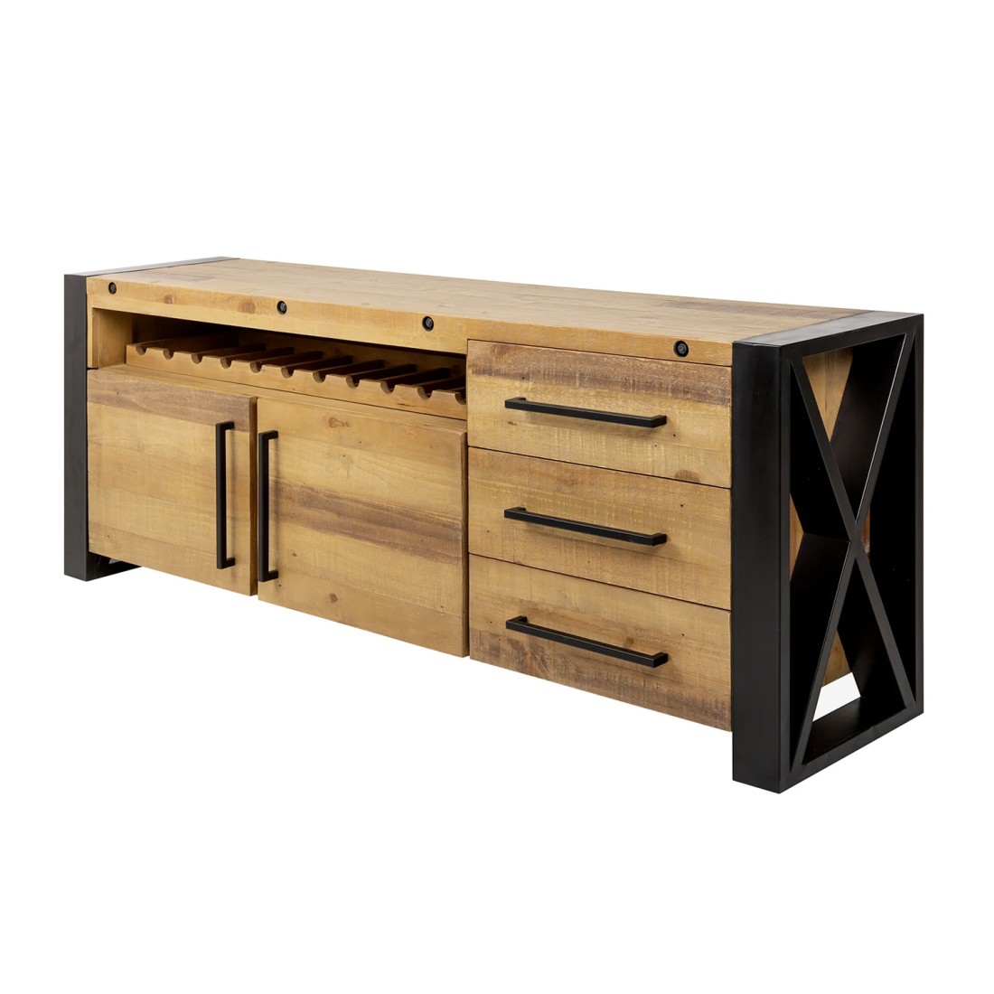 Buffet CAVARA 195 cm – Pin massif brun vintage et métal noir – 2 portes, 3 tiroirs et range-bouteilles