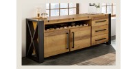 Buffet CAVARA 195 cm – Pin massif brun vintage et métal noir – 2 portes, 3 tiroirs et range-bouteilles