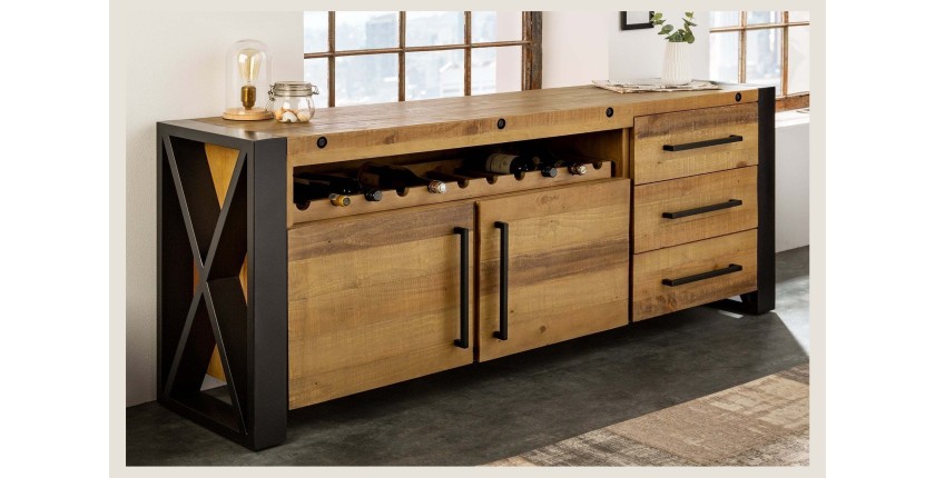 Buffet CAVARA 195 cm – Pin massif brun vintage et métal noir – 2 portes, 3 tiroirs et range-bouteilles