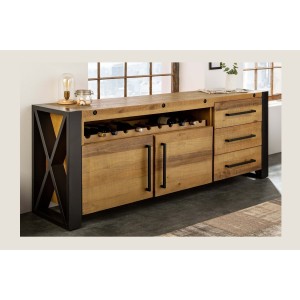 Buffet CAVARA 195 cm – Pin massif brun vintage et métal noir – 2 portes, 3 tiroirs et range-bouteilles