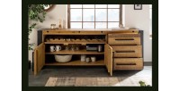 Buffet CAVARA 195 cm – Pin massif brun vintage et métal noir – 2 portes, 3 tiroirs et range-bouteilles