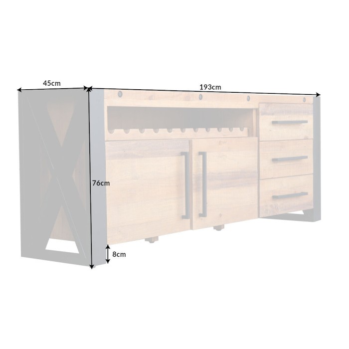 Buffet CAVARA 195 cm – Massives Kiefernholz in Vintage-Braun und schwarzes Metall – 2 Türen, 3 Schubladen und Flaschenregal