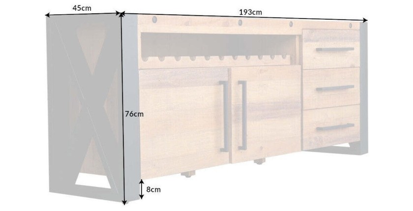 Buffet CAVARA 195 cm – Pin massif brun vintage et métal noir – 2 portes, 3 tiroirs et range-bouteilles