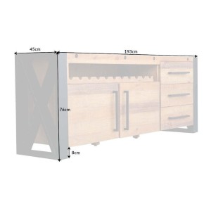 Buffet CAVARA 195 cm – Pin massif brun vintage et métal noir – 2 portes, 3 tiroirs et range-bouteilles