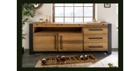 Buffet CAVARA 195 cm – Pin massif brun vintage et métal noir – 2 portes, 3 tiroirs et range-bouteilles
