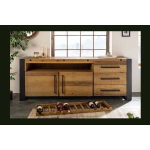 Buffet CAVARA 195 cm – Pin massif brun vintage et métal noir – 2 portes, 3 tiroirs et range-bouteilles