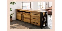 Buffet CAVARA 195 cm – Pin massif brun vintage et métal noir – 2 portes, 3 tiroirs et range-bouteilles