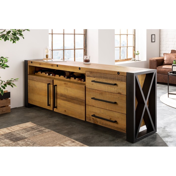 Buffet CAVARA 195 cm – Massives Kiefernholz in Vintage-Braun und schwarzes Metall – 2 Türen, 3 Schubladen und Flaschenregal