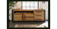 Buffet CAVARA 195 cm – Pin massif brun vintage et métal noir – 2 portes, 3 tiroirs et range-bouteilles