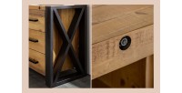 Buffet CAVARA 195 cm – Pin massif brun vintage et métal noir – 2 portes, 3 tiroirs et range-bouteilles
