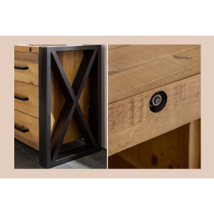 Buffet CAVARA 195 cm – Pin massif brun vintage et métal noir – 2 portes, 3 tiroirs et range-bouteilles