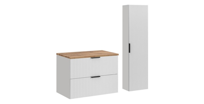 Ensemble de salle de bain NOXERA 80 cm – Meuble suspendu blanc alpin avec plan pour vasque chêne wotan et colonne murale