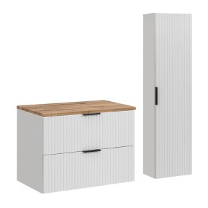 Ensemble de salle de bain NOXERA 80 cm – Meuble suspendu blanc alpin avec plan pour vasque chêne wotan et colonne murale