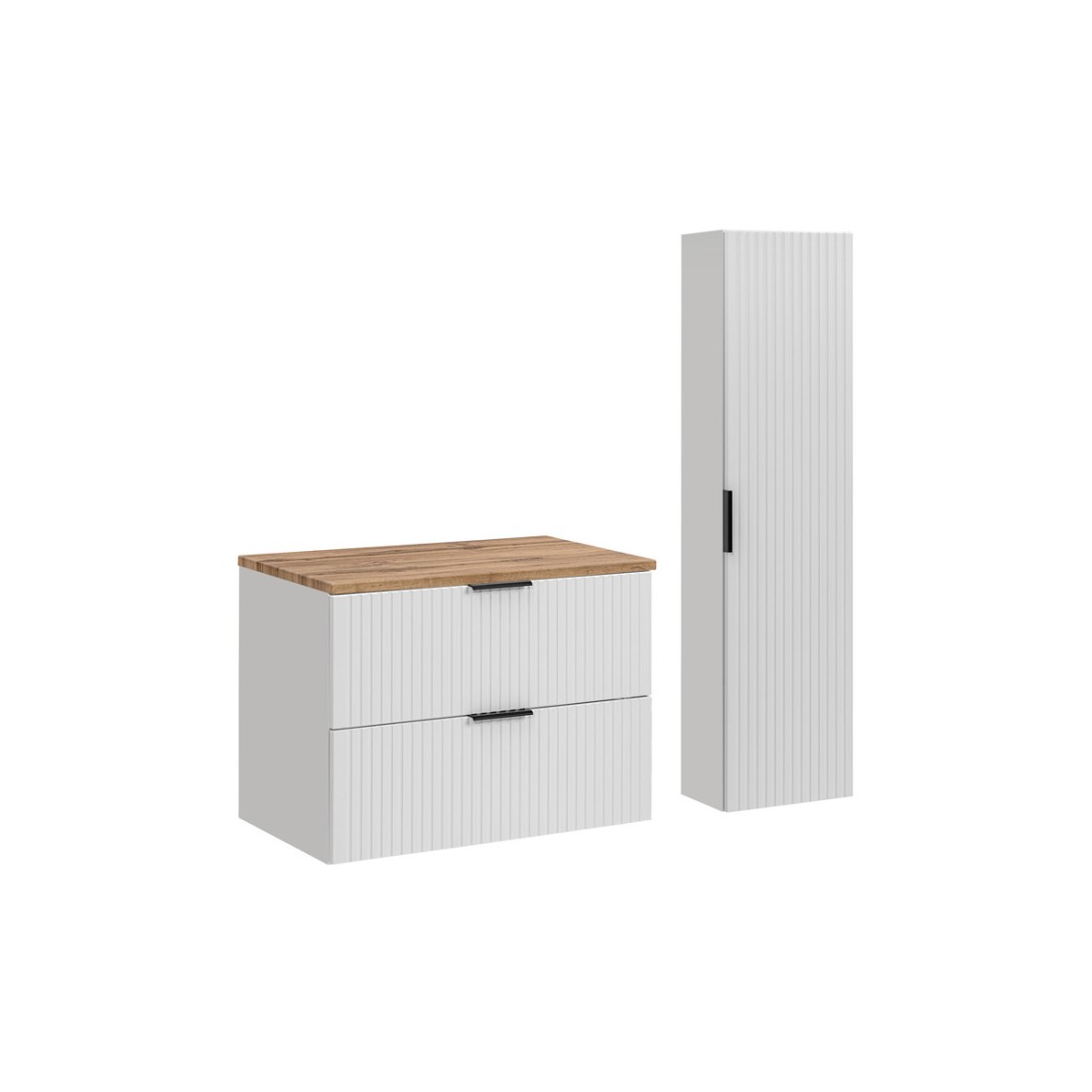 Ensemble de salle de bain NOXERA 80 cm – Meuble suspendu blanc alpin et chêne wotan avec plan vasque et colonne murale