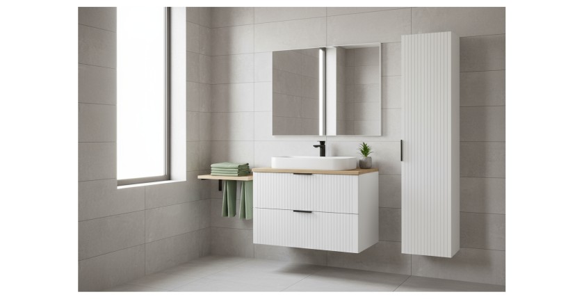 Ensemble de salle de bain NOXERA 80 cm – Meuble suspendu blanc alpin et chêne wotan avec plan vasque et colonne murale