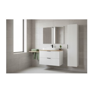 Ensemble de salle de bain NOXERA 80 cm – Meuble suspendu blanc alpin avec plan pour vasque chêne wotan et colonne murale