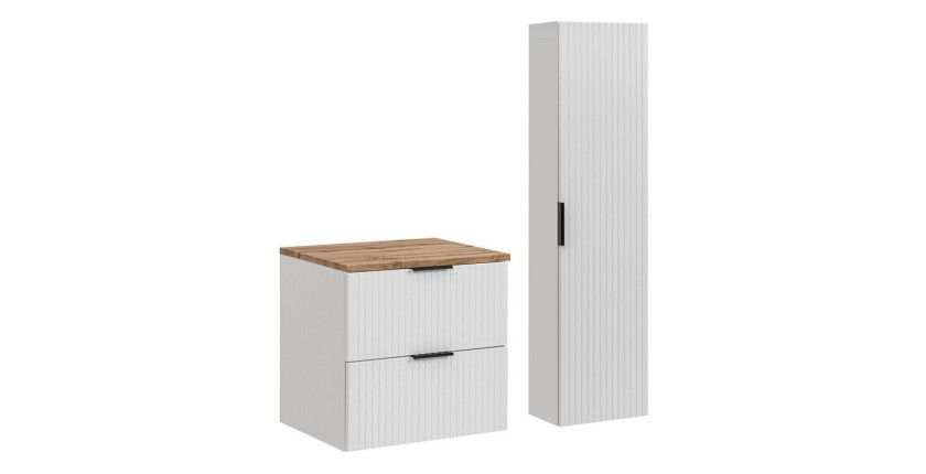 Ensemble de salle de bain NOXERA 60 cm – Meuble suspendu blanc alpin et chêne wotan avec plan vasque et colonne murale