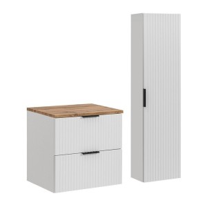 Ensemble de salle de bain NOXERA 60 cm – Meuble suspendu blanc alpin et chêne wotan avec plan vasque et colonne murale