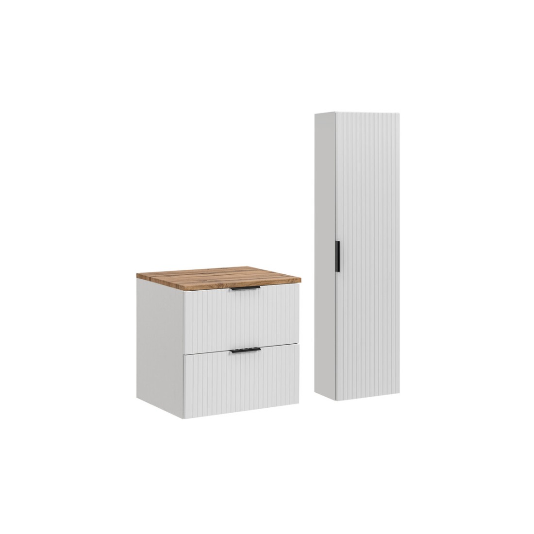Ensemble de salle de bain NOXERA 60 cm – Meuble suspendu blanc alpin et chêne wotan avec plan vasque et colonne murale